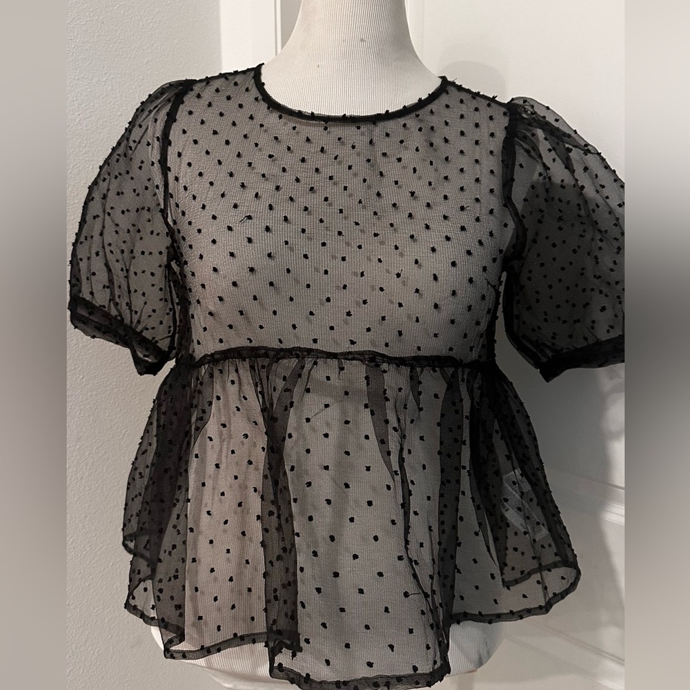 Sheer Black Polka Dot Peplum Top